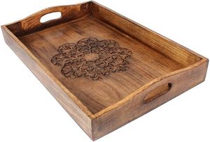 Ensemble de plateaux en bois de manguier, plateau de service décoratif avec poignées, ensemble de plateaux en bois faits à la main, ensemble de 3 plateaux de service pour la cuisine - Product Image 3