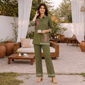Ensemble en coton brodé vert olive pour femmes, manches trois quarts, pantalon long, style bohème décontracté, à porter toute l'année - Product Image 4