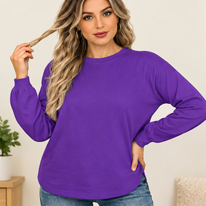 Blusa casual de manga larga rosa lisa con cuello redondo y manga farol para mujer, con dobladillo curvo, suave y básica - Product Image 5