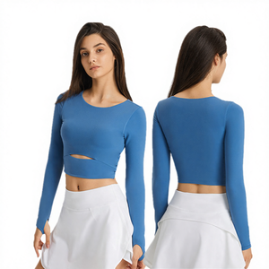 Ladies Slim Breathable Yoga Sports <b>Top</b> Front Custom Full Sleeve Fitness Running T-Shirt Lightweight Comfortable Spandex/Nylon - Product Image 3