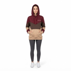 Sudadera con Capucha para Mujer, Diseño Color Block, Color Borgoña, Marrón y Beige, Felpa, Bolsillo Canguro, Logotipo Personalizado, Estilo Urbano - Product Image 1
