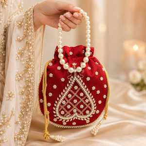 Handmade Red Silk Potli <b>Bag</b> With Pearl Embroidery Round Shape Drawstring Purse <b>For</b> Wedding Party Festive Wear <b>Needle</b> Work - Product Image 2
