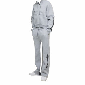 Survêtements à capuche zippés avec entrejambe évasé, ensemble de jogging coupe-vent, design uni délavé à l'acide, vêtements de sport - Product Image 1