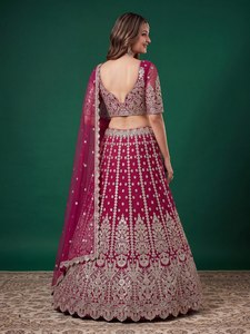 Vestido de Novia Rosa Bordado con Lentejuelas Florales, Estilo Lehenga Choli con Dupatta, Largo hasta el Suelo, para Mujer - Product Image 4