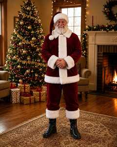 Traje de Santa Claus Premium, Abrigo Rojo de Felpa, Pantalones, Gorro, Cinturón, Barba, Guantes y Cubrecalzados para Fiestas Navideñas - Product Image 5