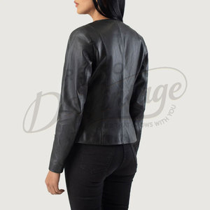 Premium <b>Women</b> Black Real Leather <b>Jacket</b> Round Neck <b>Collarless</b> Slim Fit Soft Sheepskin Casual Coat Elegant Leather Outerwear - Product Image 3