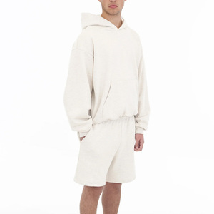 Conjunto de Sudadera con Capucha y Pantalones Cortos para Hombre, Color Sólido, Algodón, Felpa Francesa, Estilo Casual para el Hogar, Estilo Veraniego - Product Image 1