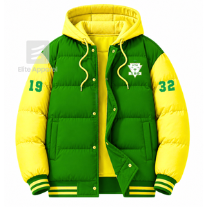 เสื้อแจ็คเก็ตพัฟเฟอร์ชมรมนักศึกษาหญิงชื่อ Custom Chi Eta Phi ปักโลโก้ด้านหน้า สีเขียวและเหลือง แขนยาว สำหรับผู้หญิง - Product Image 1