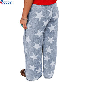 Jeans pour femmes style streetwear, imprimé étoiles, délavage clair, taille haute avec cordon de serrage, coupe large, couleur personnalisée, vintage, baggy - Product Image 3