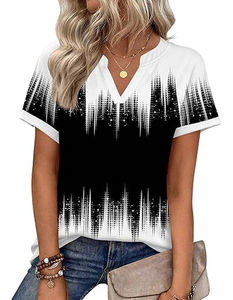 Women V-Neck Short Sleeve Geometric Print T-Shirt Casual Spring Summer Breathable Polyester <b>Top</b> - Product Image 3