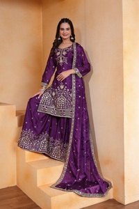Gorgeous Chinon Silk Pearl Embedded <b>Sequin</b> Top Wide <b>Flared</b> Palazzo Set Stitched Dupatta Girls Three Piece Ethnic Suit - Product Image 3