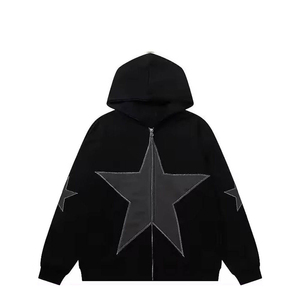 เสื้อฮู้ดซิปเต็มตัวสีดำสำหรับผู้ชาย ปักลายดาว สไตล์สตรีทแวร์ ทรงโอเวอร์ไซส์ ผ้าฟลีซ มีฮู้ด สำหรับฤดูหนาว ปี 2026 ทันสมัย - Product Image 1