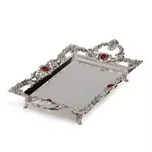Luxurious Silver Plated Rectangular Serving <b>Tray</b> with Ruby Red Crystal Accents Vintage Royal Turkish Style Coffee <b>Tea</b> Platter - Product Image 1