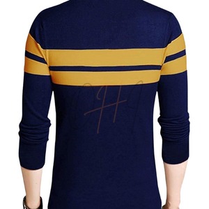 เสื้อยืดคอกลมแขนสั้นสีกรมท่าลายทางเหลืองทรงโอเวอร์ไซส์สำหรับผู้ชาย ผ้าเจอร์ซีย์คอตตอน 100% โลโก้ด้านหน้า ระบายอากาศได้ดี - Product Image 3