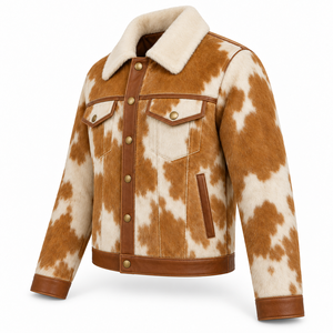 Custom Mens Golden Ochre <b>Cream</b> <b>Hair</b> On Cowhide Western Jacket <b>Straight</b> Yoke Cowboy Ranch Coat OEM Wholesale Manufacturer Premium - Product Image 3
