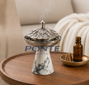 Natural Marble Incense Burner With Metal Lid Elegant Antique Style Bakhoor Burner For <b>Home</b> Fragrance Premium Silver Plated - Product Image 4