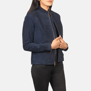 Women's Navy Blue <b>Suede</b> Moto <b>Jacket</b> Full Sleeve Stand Collar Zipper Closure Autumn Style Sample Service available - Product Image 1
