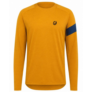 Maillot de cyclisme personnalisé à manches longues couleur moutarde avec rayures bleu marine, respirant, en polyester, pour équipes de course sur route - Product Image 1