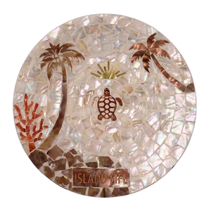 New Design <b>Round</b> Mother Of Pearl Mosaic Tile <b>Placemat</b> Sea Turtle Palm Tree Design with Custom Logo Wholesale - Product Image 1