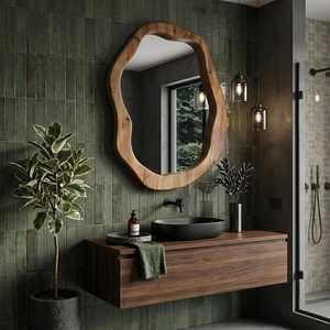Espejo de Pared Moderno Irregular de Madera Sólida Orgánica, Estilo Wabi Sabi, Marco Curvo de Madera, Decoración para Sala de Estar, Entrada, Tocador, Unidad de Arte HD - Product Image 4