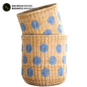 Multi-Use Handwoven Seagrass and Rattan <b>Foldable</b> Artisan-made Vintage Storage <b>Basket</b> for Living Room with Blue Floral Pattern - Product Image 4