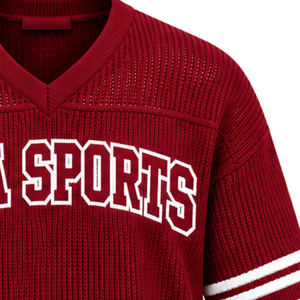 Crimson Red Knit <b>V</b> <b>Neck</b> Sports Jersey Short Sleeve <b>White</b> Stripe Detail Custom Oversized Casual Athletic Performance Team <b>Shirt</b> - Product Image 4