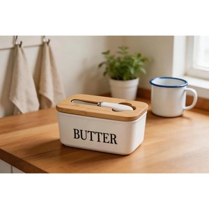 Ceramic Butter Dish <b>Container</b> With Wooden Lid And Knife Elegant Butter <b>Storage</b> Box Perfect For <b>Kitchen</b> And Dining Table Use - Product Image 4