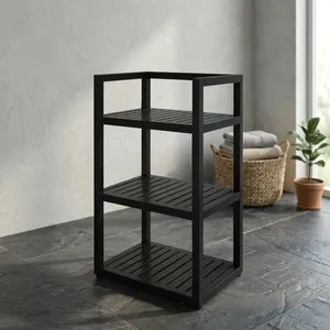 Minimalist 3 Tier Black Solid Wood Storage Shelf for Bathroom Space Saving Design Wooden Spa <b>Tower</b> Bathroom Furniture - Product Image 1
