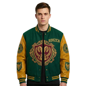 High Quality ODM OEM Customized Men’s Varsity <b>Jacket</b> Green Wool Leather <b>Jacket</b> Gold <b>Red</b> Patch Embroidery Streetwear Outerwear - Product Image 1