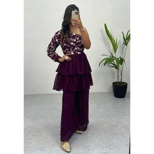 DESPIECE FIESTA GEORGETTE BORDADO SECUENCIA TRABAJO KURTI CON PALAZZO VINO - Product Image 1