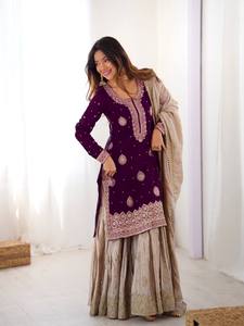 Purple Embroidered <b>Indian</b> Pakistani Set <b>Kurta</b> Sharara Dupatta Heavy Beaded Floral Wear for Wedding Party - Product Image 1