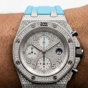 Luxury Iced Out Moissanite <b>Chronograph</b> Watch Full Stone Set Bezel Case Silver Tone Dial Blue Rubber Strap <b>Automatic</b> Mechanical - Product Image 3