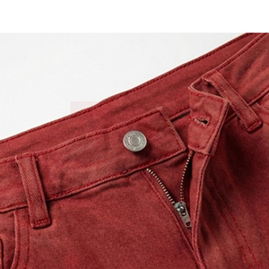 Men's Red Denim Shorts With Rhinestone Flame Design Mid Waist Casual Summer Style Woven Cotton Straight Leg - Product Image 3