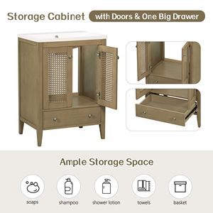 Mobile da Bagno con Struttura Solida da 24 Pollici, Lavabo in Ceramica e Armadietto in Rattan con Due Ante e Cassetto - Product Image 5