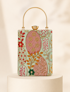 Lady Embroidered Floral Women's Evening Clutch Box <b>Purse</b> Gold Tone Handle Satin Silk Lining Zipper Wedding Party Daily Use - Product Image 1