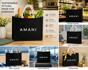 AMANI กระเป๋าช้อปปิ้งผ้าปอกระเจาขนาดใหญ่ สีดำ พิมพ์ลายตัวอักษร หูหิ้วเชือก ขนาด 16x12x6 นิ้ว - Product Image 5