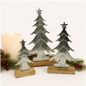 Wholesale Premium Metal Christmas <b>Tree</b> Sculpture With Natural Wood Base Handcrafted Hammered Silver <b>Tabletop</b> Holiday Decor - Product Image 2