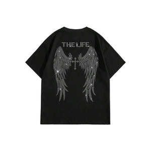 Premium Rhinestone Angel Wings <b>Back</b> Embellished Oversized Black Heavy 300gsm 100% Cotton <b>Drop</b> Shoulder Streetwear Men's shirts - Product Image 1