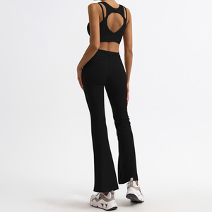Black High Waist <b>Flared</b> <b>Leggings</b> With Sports Bra Set Women's Activewear Fitness Wear Seamless Workout Outfit - Product Image 1