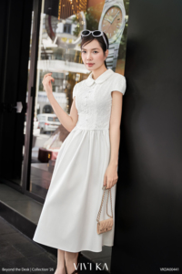 Vestido Midi Elegante de Encaje Blanco para Mujer, Cuello Peter Pan, Corte en A, Manga Corta, Ajustado, Estilo Festivo, Color Sólido, Transpirable, CINDY - Product Image 3