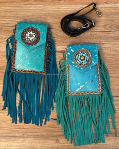 Women's Hair On Metallic Genuine Leather Fringe Crossbody <b>Mini</b> Bags Ladies Multi-Function Cowhide Leather Mobile Phone Bags - Product Image 3