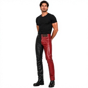 Pantalones de Cuero para Hombre Thorbeak, Diseño Color Block, Cintura Alta, Estilo Motociclista, Negro y Rojo, Cierre de Cremallera - Product Image 1