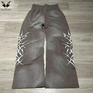 Street Wear High Waist Rhinestone Acid Washed Printing Men Wear Vintage Sun Faded Plus Size Baggy <b>Jogger</b> <b>Stacked</b> Flare Trousers - Product Image 3
