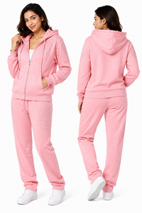 Women Plus Size Eco-Friendly Breathable Rhinestone 2-Piece Tracksuit <b>Set</b> Zip Hoodie Wide Leg Pants Casual Sportswear Jogger - Product Image 4