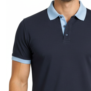 Polo para hombre de alta demanda, cuello azul claro en contraste, azul marino, corte ajustado, informal, deportivo, con capucha, manga corta, para golf. - Product Image 4