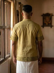 Handcrafted <b>Men</b>’s Khadi Cotton <b>Short</b> <b>Kurta</b> Traditional Indian Ethnic Wear with Mandarin Collar and Intricate Sleeve - Product Image 3