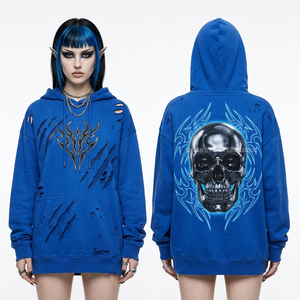 Sudadera con Capucha Azul Eléctrico de 500GSM para Mujer, Diseño Gráfico de Calavera Cibernética, Estilo Desgarrado y Roto, Streetwear Urbano - Product Image 1
