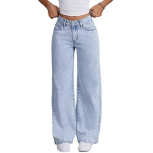 Jean en denim délavé taille haute à jambe large avec nœud décoratif, coupe ample, longueur intégrale, style vintage décontracté pour femme - Product Image 5