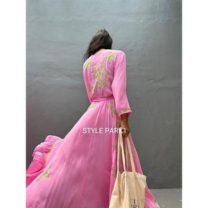 Womens <b>Pink</b> Boho <b>Wrap</b> Maxi Dress V-Neck Embroidered Tassel Eco-Friendly High Low Hem Knitted Summer Beach Resort Wear - Product Image 1