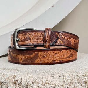 Manufacturer High Quality Genuine Cowhide <b>Leather</b> <b>Belt</b> with Floral & Longhorn Tooled <b>Leather</b> Design Adjustable <b>Belt</b> for Unisex - Product Image 4